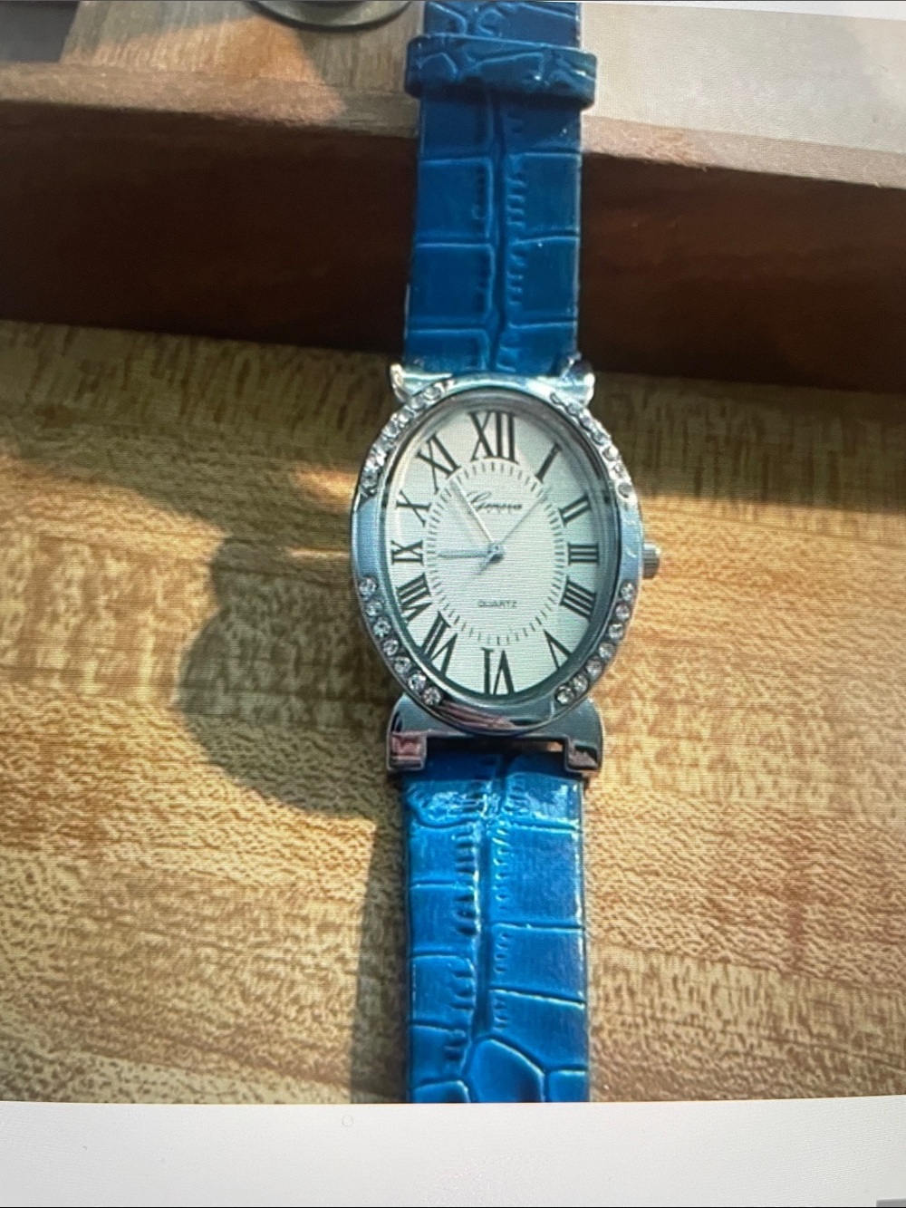 Geneva Silver-Tone Watch with Bright Blue Croc-Embossed Strap